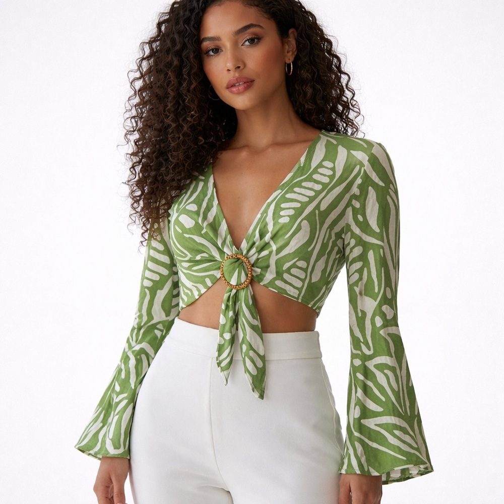 House of Harlow 1960 Tie Front Crop Top Size M Green Boho Bell Sleeve